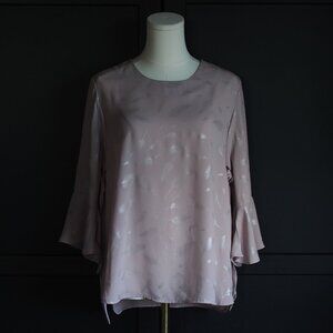 Lucky & Coco | Pale Pink Shimmery Leaf Print Blouse w Flutter Sleeve Cuffs